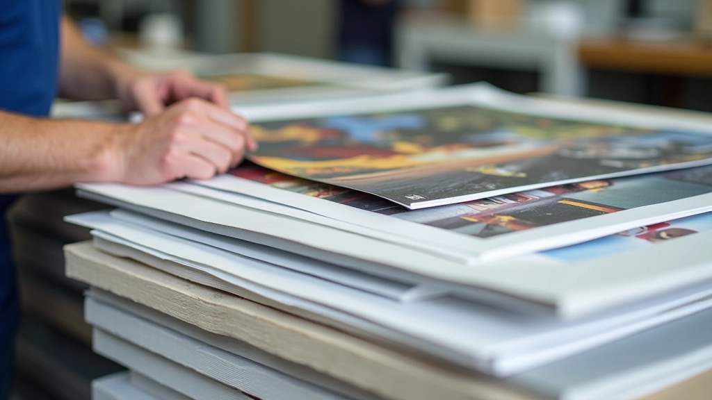 Array of different material samples for large format printing including vinyl, canvas, and rigid substrates displayed side by side