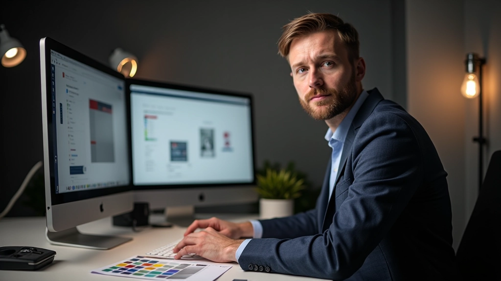 Professional designer reviewing print specifications and color profiles on calibrated monitor