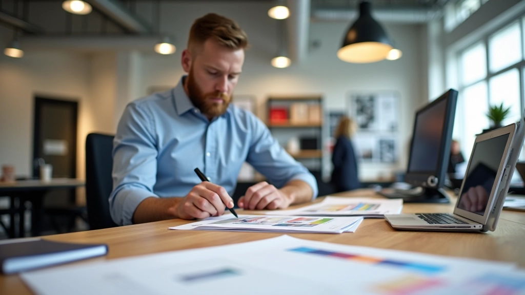 Professional working at design desk with color swatches and printing samples spread across workspace
