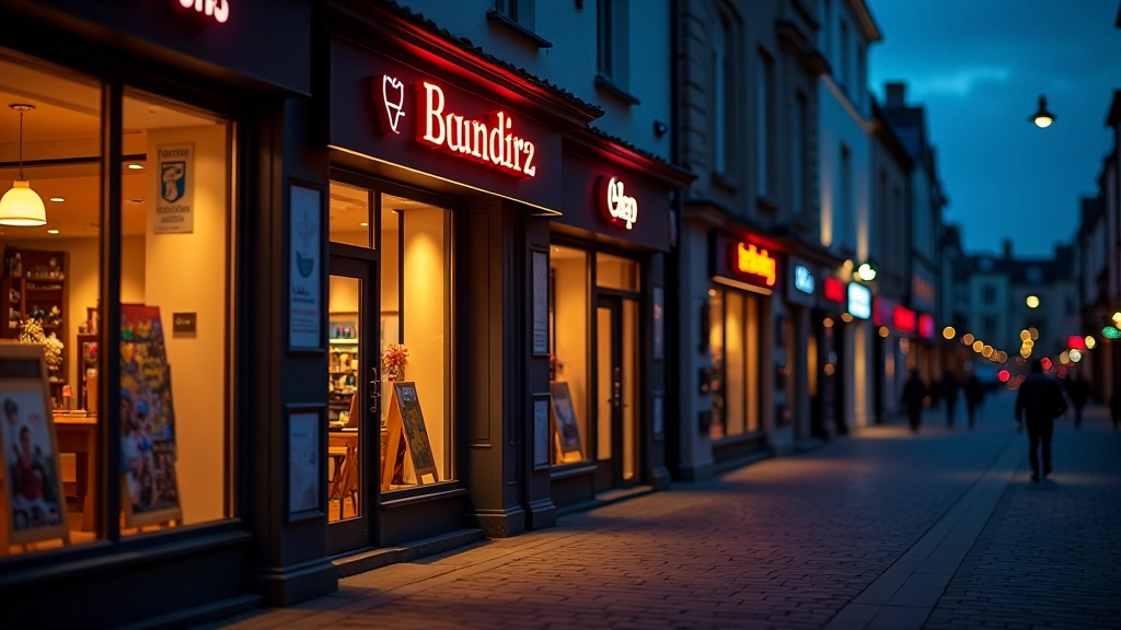 Evening storefront photograph showing professionally lit signage with warm LED lighting creating welcoming glow against darkening sky