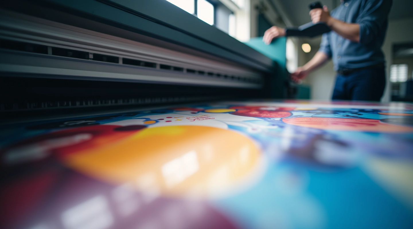 Large format printer at work printing colorful vinyl banners in a print shop