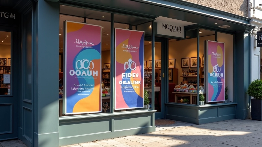 Retail shop display featuring vibrant large format printed banners and promotional signage in storefront window