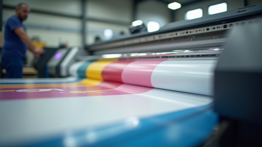 Large format vinyl banner being produced on industrial printing equipment